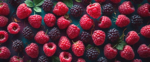 Poster - Assorted fresh raspberries and blackberries with green leaves on a dark surface top view close up