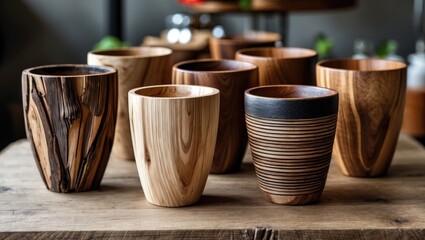 Poster - Set of handcrafted wooden cups displayed on a rustic wooden surface with a blurred background of a cozy interior setting