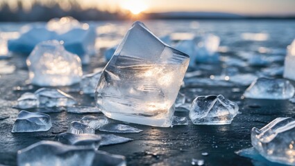 Poster - Close-up of ice blocks and shards on frozen surface with sunlight reflecting through the ice pieces at dawn or dusk hours.
