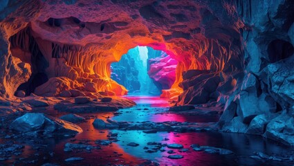 Poster - Colorful illuminated cave with vibrant orange and blue rock formations reflecting in calm water river below