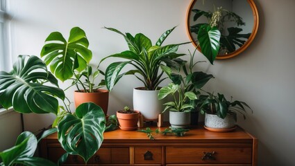 Poster - Indoor garden with various houseplants in decorative pots on wooden dresser next to round mirror and natural light from window
