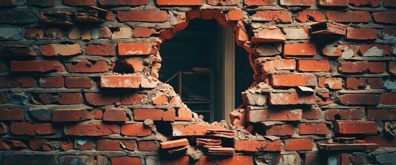 Poster - Brick wall with a large hole revealing an interior space, showcasing damaged bricks and exposed structure.
