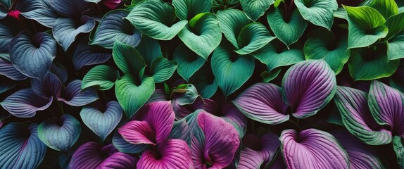 Poster - vibrant multicolored foliage with heart-shaped leaves in shades of green and purple forming a lush t