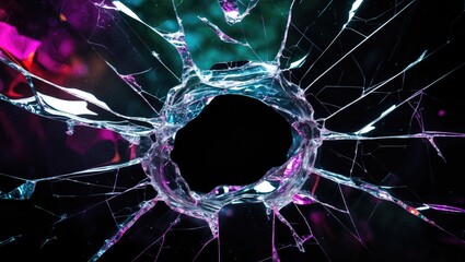 Poster - Abstract close-up of shattered glass with a central hole showcasing cracks and reflections against a dark background