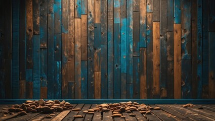 Poster - wooden wall background with blue and brown planks and scattered pebbles on the floor in a studio set