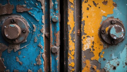 Poster - rusty metal surface with blue and yellow paint peeling off revealing underlying layers and textures