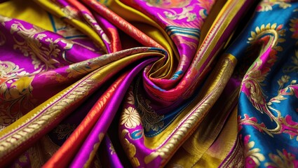 Poster - Colorful patterned silk fabric with intricate designs in shades of pink, blue, gold and purple, draped elegantly in folds.