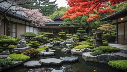 Poster - Japanese Zen garden with lush greenery, stone pathways, pond, and vibrant autumn foliage reflecting tranquility and natural beauty.