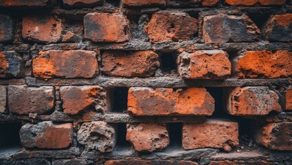 Poster - Textured brick wall with varying shades of red and orange bricks highlighting weathered surface details and irregular patterns