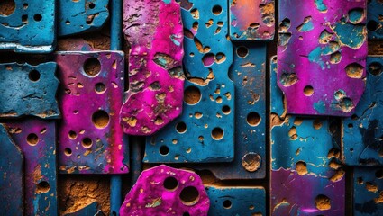 Wall Mural - Colorful rusted metal plates with holes and an abstract texture in shades of blue and pink.