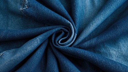 Poster - Denim fabric texture close up in blue color twisted into a spiral shape showcasing the material and weave details
