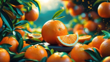 Poster - Fresh ripe oranges with green leaves displayed in an orchard setting with sliced oranges on wooden surface and blurred background