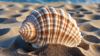Poster - Detailed close-up of a large spiral seashell with intricate patterns resting on sandy beach surface under natural sunlight.