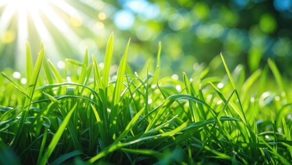 Poster - Close-up of vibrant green grass blades with sunlight rays illuminating through blurred foliage in the background.