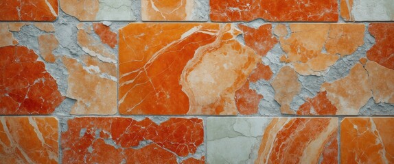 Poster - Orange and gray patterned marble stone wall tiles arranged in a geometric layout for interior design backgrounds