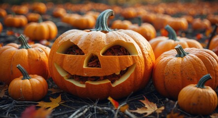 Poster - Smiling Halloween pumpkin among scattered pumpkins in a field during autumn season with fallen leaves on the ground