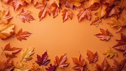 Poster - Autumn leaves in various colors arranged on an orange background forming a frame with space in the center for text or design elements
