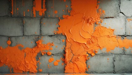 Poster - Textured concrete wall with vibrant orange paint splatters and drips on a gray background