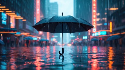 Poster - Urban nighttime scene with an open black umbrella in the rain surrounded by blurred neon lights and reflections on wet pavement.