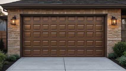 Poster - Residential garage door with brown panels and stone exterior wall illuminated by lanterns in evening light