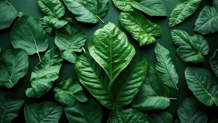 Poster - Various green leaves arranged on a dark green surface creating a textured natural background