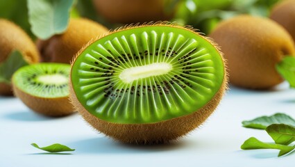 Poster - Sliced kiwi fruit showcasing vibrant green flesh and black seeds with whole kiwis in background on light surface