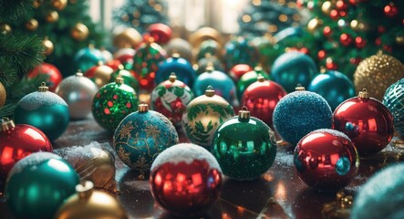 Poster - colorful christmas ornaments scattered on the floor surrounded by evergreen trees with soft lighting