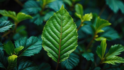 Poster - close-up of a vibrant green leaf surrounded by lush foliage in natural lighting and soft focus backg