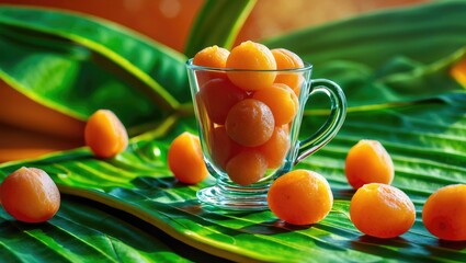Poster - Glass cup filled with orange spherical fruits on large green leaves illuminated by soft natural light