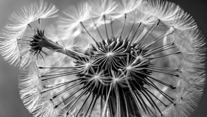 Poster - Close-up of a dandelion seed head in black and white highlighting fine details of seeds against a blurred background