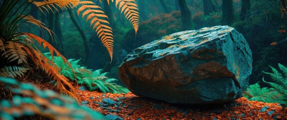 Poster - Large gray rock surrounded by lush green foliage and orange ferns in a misty forest setting with a colorful and vibrant atmosphere