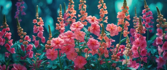 Poster - vibrant mixed flower garden with pink blossoms and green foliage in natural light setting