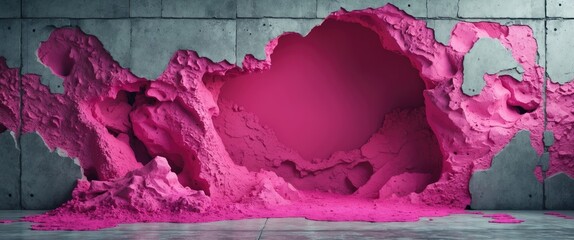 Poster - Abstract wall with pink texture and rough surfaces emerging from a concrete backdrop in a modern interior setting