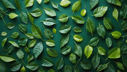 Poster - Green leaves of various shapes and sizes arranged on a dark green background in a flat lay composition