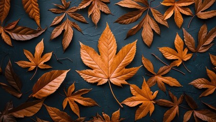 Poster - Autumn leaves arrangement on dark background showcasing various shapes and sizes of dried foliage in warm orange and brown tones