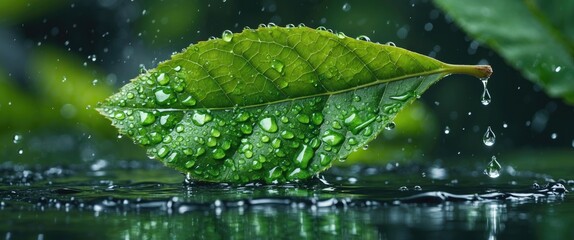 Poster - Close-up of a green leaf with water droplets on its surface resting on water with reflections and blurred green background
