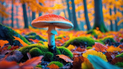 Poster - Vibrant red and orange mushroom emerging from green moss in an autumn forest with colorful fallen leaves and soft sunlight filtering through trees