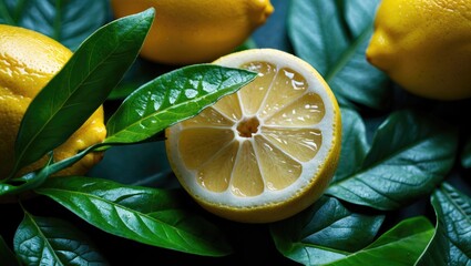 Poster - Fresh lemons on dark surface with green leaves, one lemon cut in half showcasing juicy interior and texture details.