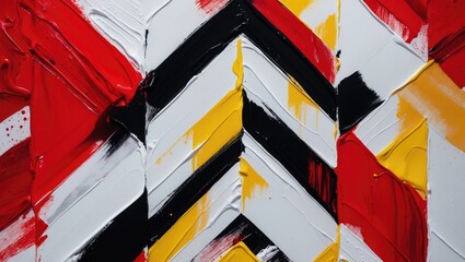 Poster - Colorful abstract geometric pattern with textured thick paint in red, black, yellow, and white forming chevron shapes