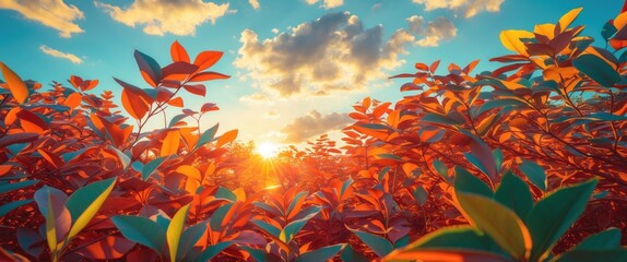 Poster - Vibrant autumn foliage with warm sunset light against a dramatic sky landscape scene in nature during golden hour