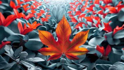 Poster - Close-up of a vibrant red maple leaf in contrast with blue-green foliage creating a striking visual effect in an outdoor setting