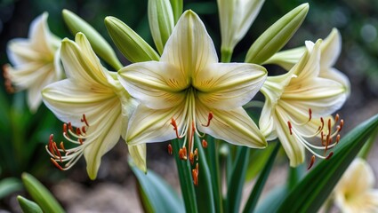 Poster - Yellow amaryllis flowers with green leaves in a natural garden setting close-up photography.