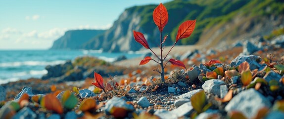 Poster - Close-up of small red-leafed plant growing among pebbles on beach with ocean and cliffs in background under bright sky