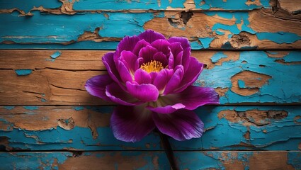 Poster - Purple flower on weathered wooden background with blue and brown dried paint peeling off, close-up view with detailed textures.