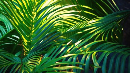 Poster - Close-up of vibrant green tropical palm leaves with sunlight creating intricate shadows and patterns on the foliage
