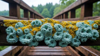 Poster - Colorful lichens growing on a wooden railing of a bridge in a forested area showcasing natural textures and patterns