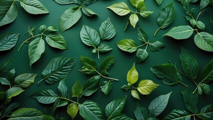 Poster - Assorted green leaves of various shapes and sizes arranged on a dark green surface background