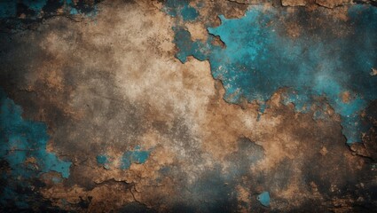 Poster - Grunge textured wall background with peeling paint in brown and turquoise colors showing weathered and rough surface