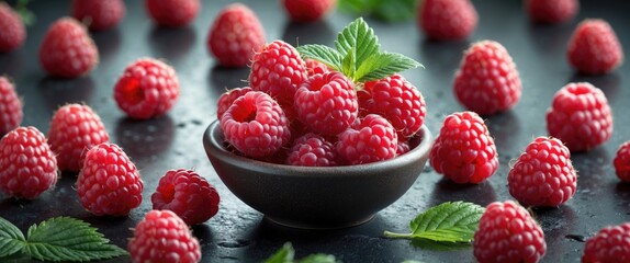 Poster - Fresh ripe raspberries in a dark bowl surrounded by scattered raspberries and mint leaves on a black textured surface