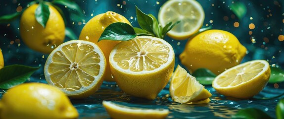 Poster - Freshly cut lemons with slices and green leaves on water surface with bokeh lights in the background. High-quality fruit photography.